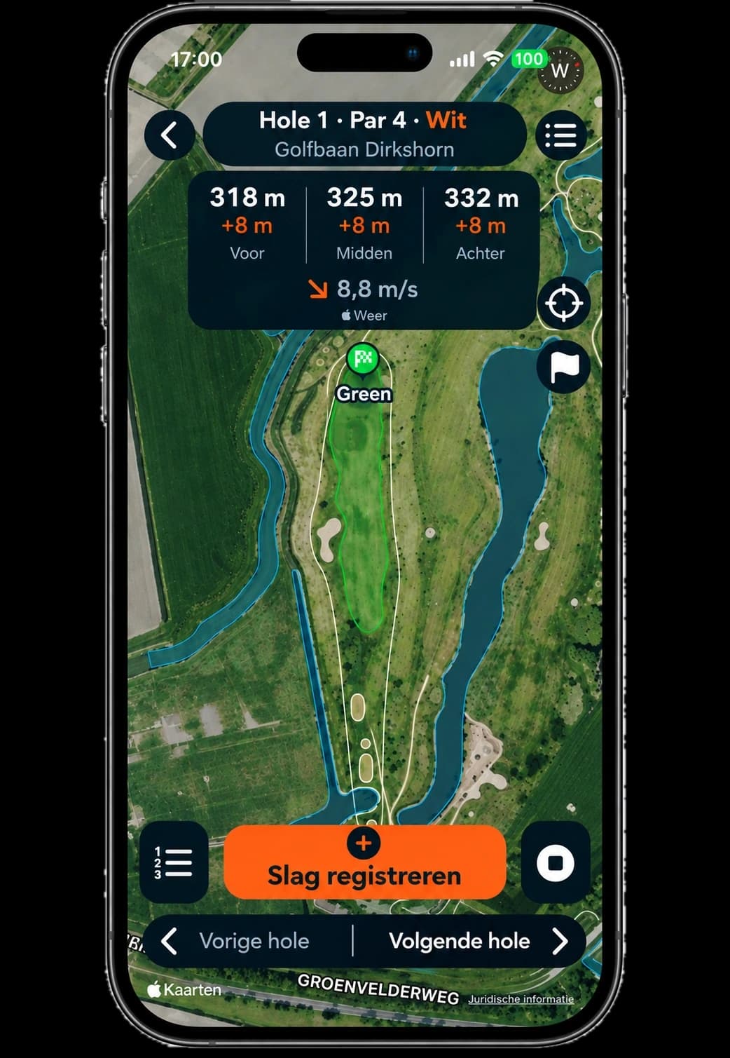 DutchCaddy actieve ronde op iPhone met greenafstanden, wind en slagregistratie