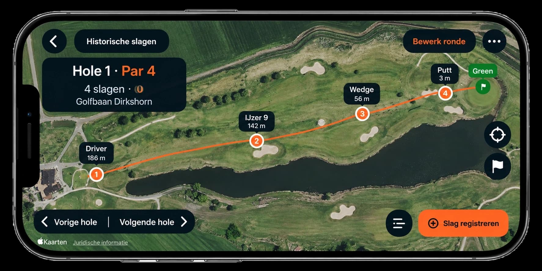 Historische DutchCaddy ronde op iPhone met slagen, clubs en afstanden op de kaart