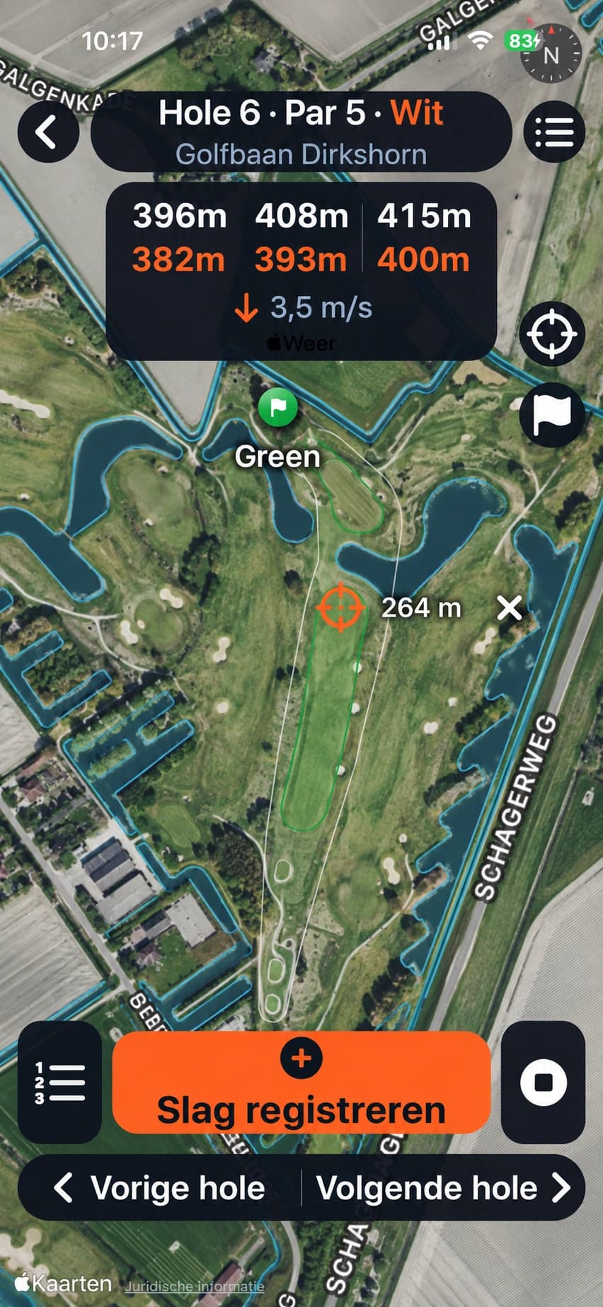 DutchCaddy op iPhone met een vrij gekozen kaartdoel op Hole 6
