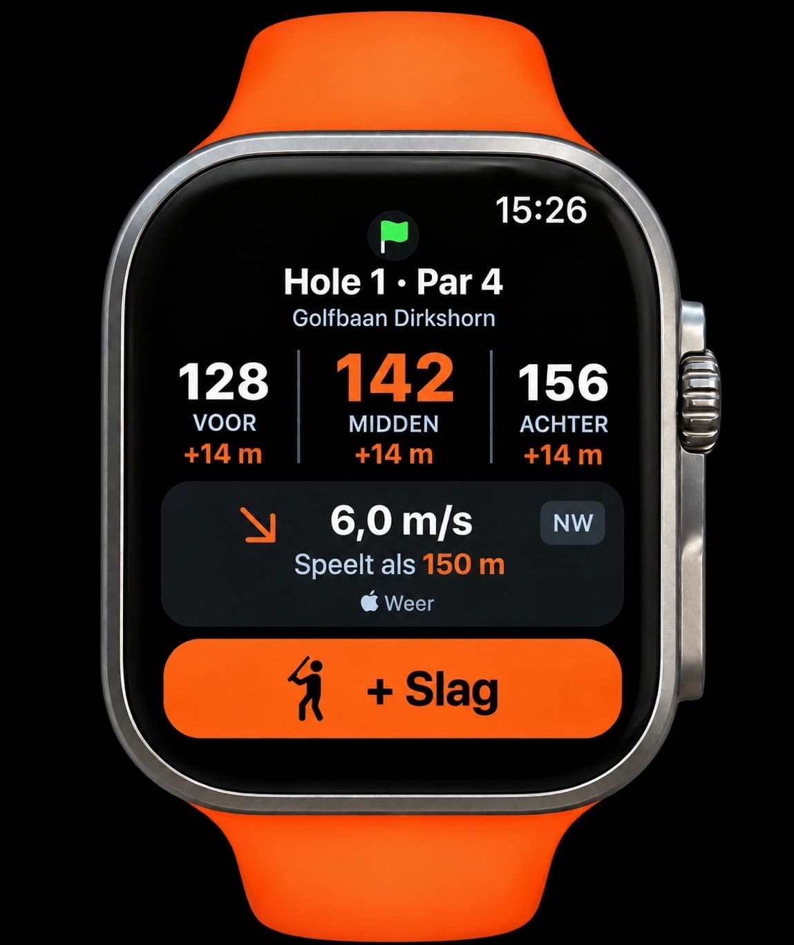 DutchCaddy ronde-informatie op Apple Watch met greenafstanden, wind en slagregistratie