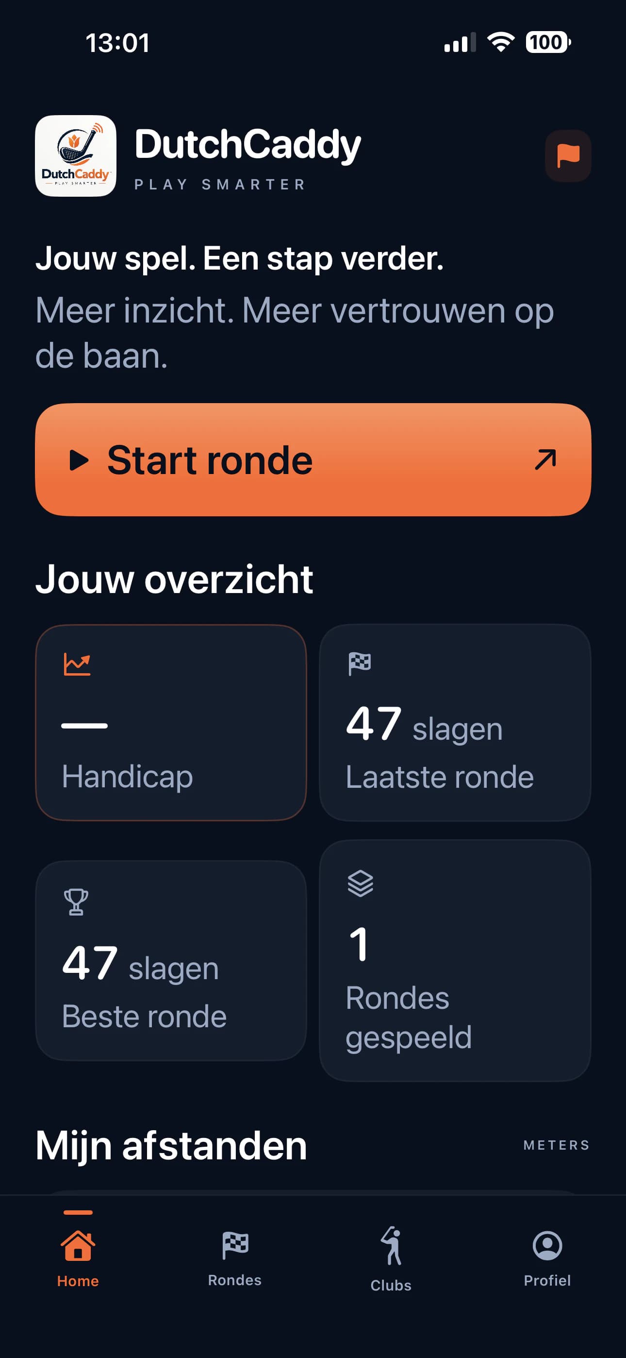 Huidig DutchCaddy-dashboard met rondeoverzicht